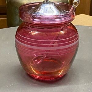 Pink Glass Jar with Lid and Spoon